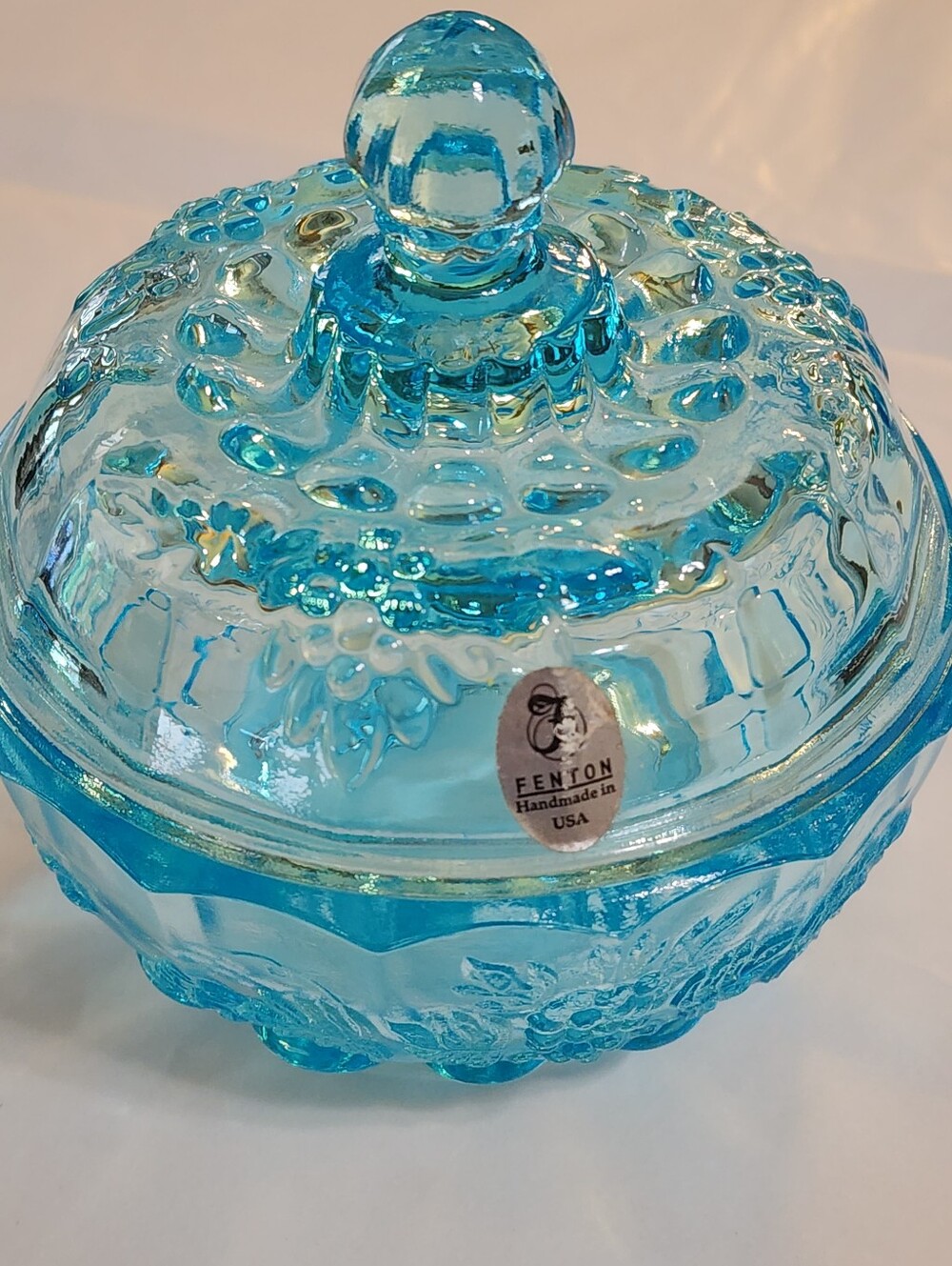 Fenton Blue Aqua Glass Paneled Puff Box Candy Dish Jelly Compote Grape Vines